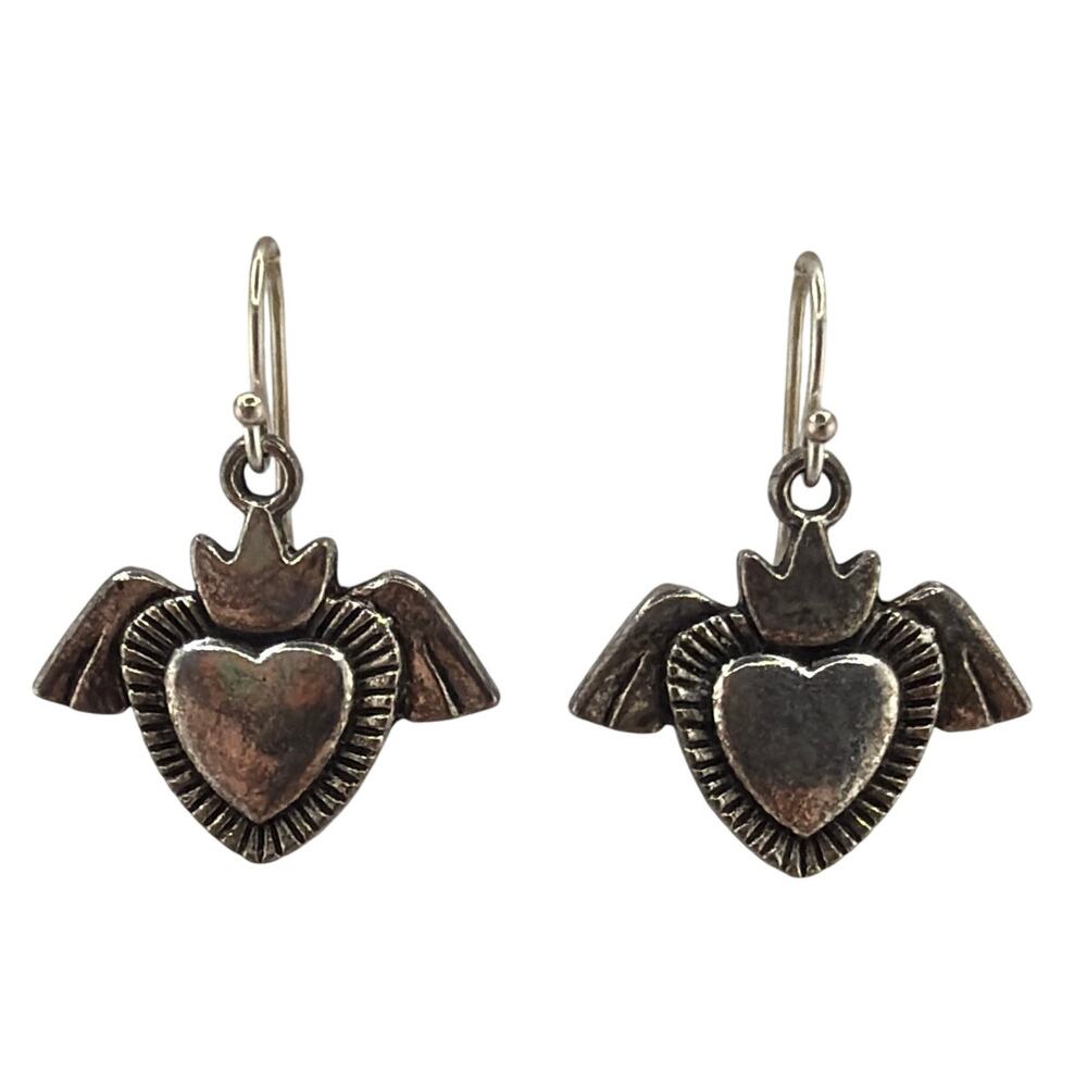 Artisan Handcrafted Crowned Winged Heart Dangle Earrings